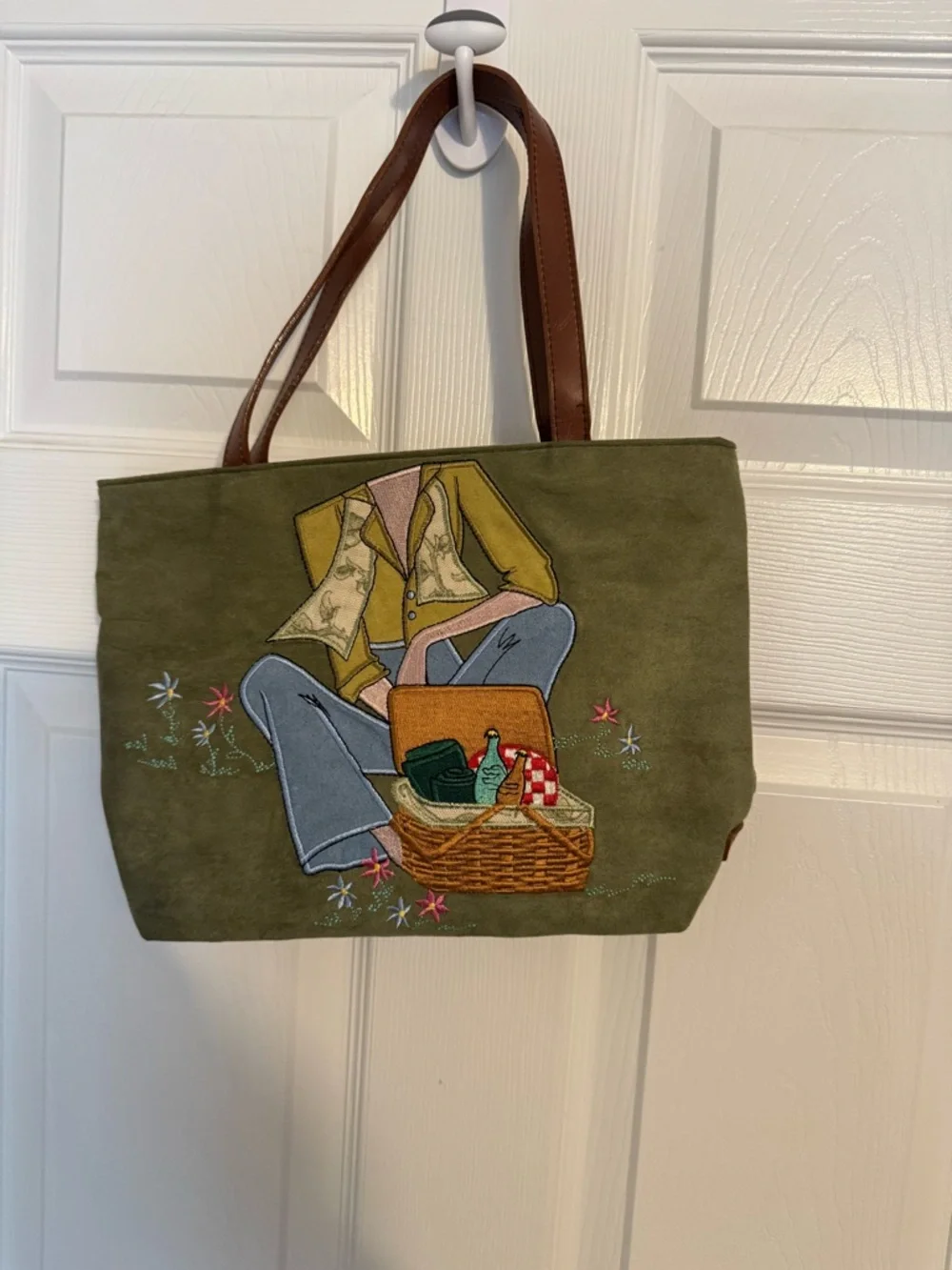 Longaberger Olive Suede Tote Bag with Embroidered Picnic Design - Picture 1 of 4